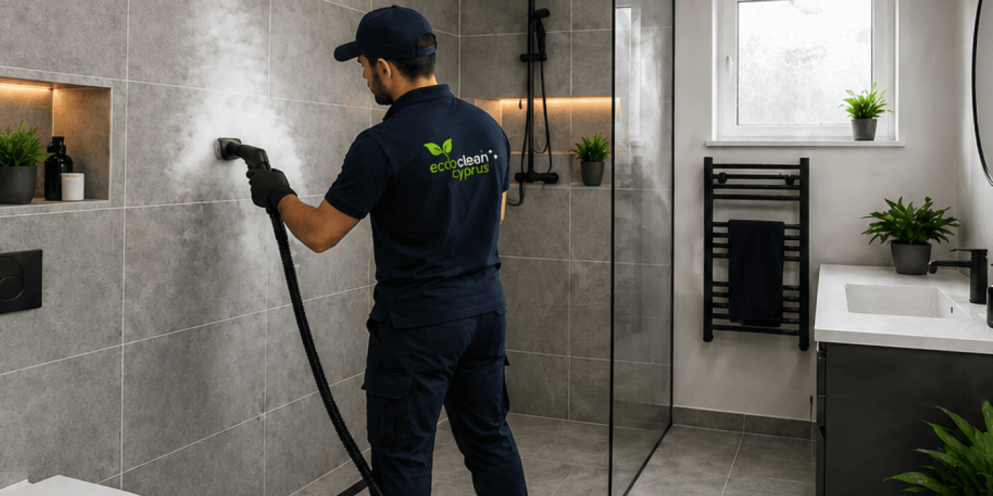 Professional bathroom steam cleaning service removing mould and bacteria in Cyprus