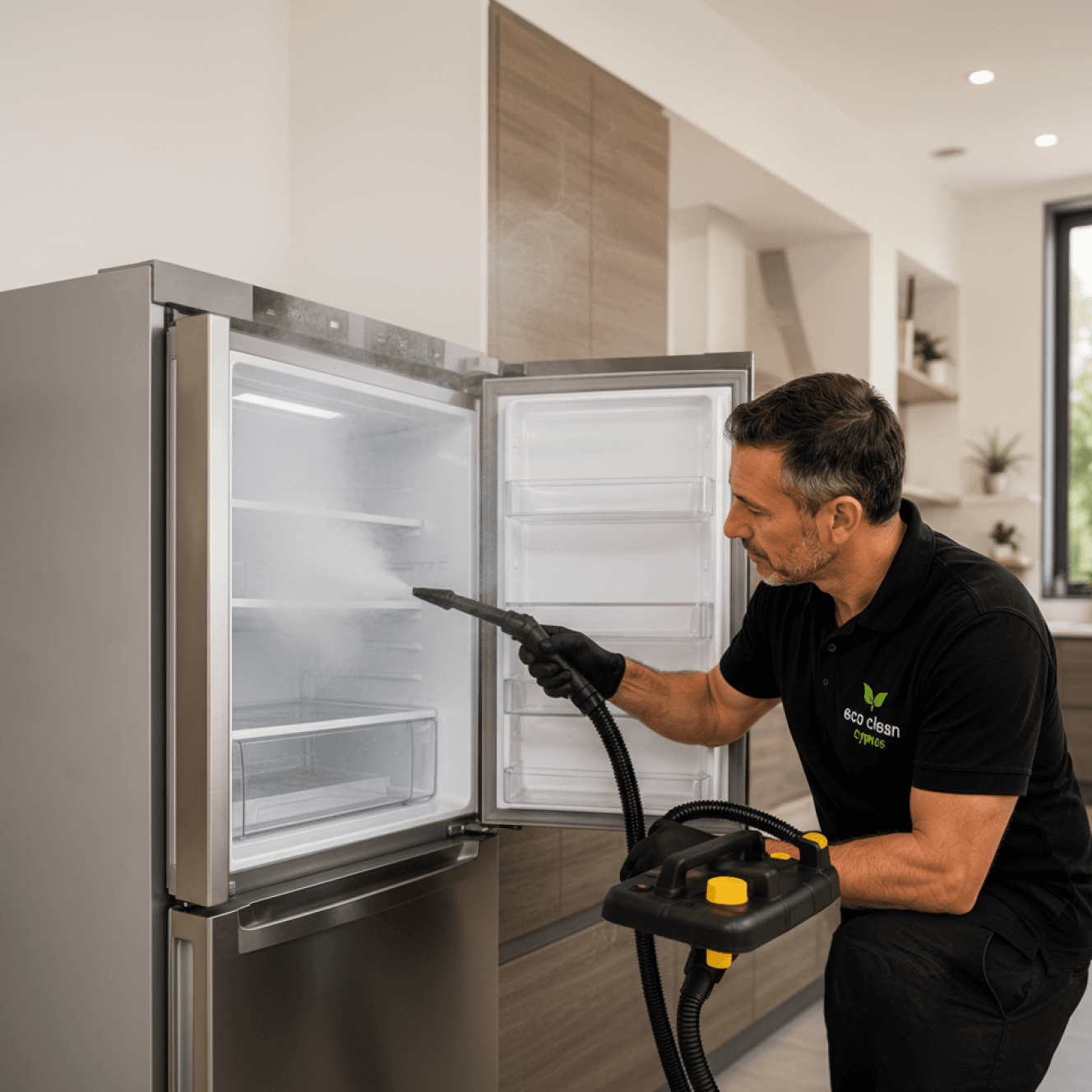 Professional kitchen appliance steam cleaning service removing grease and bacteria from ovens and fridges in Cyprus