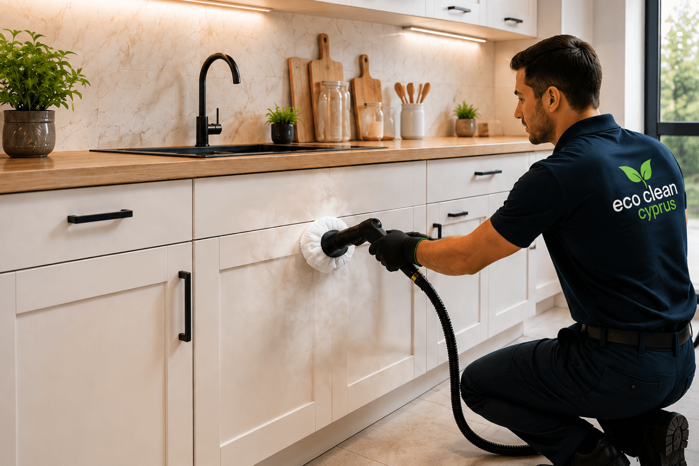 Professional kitchen steam cleaning service removing grease and bacteria in Cyprus