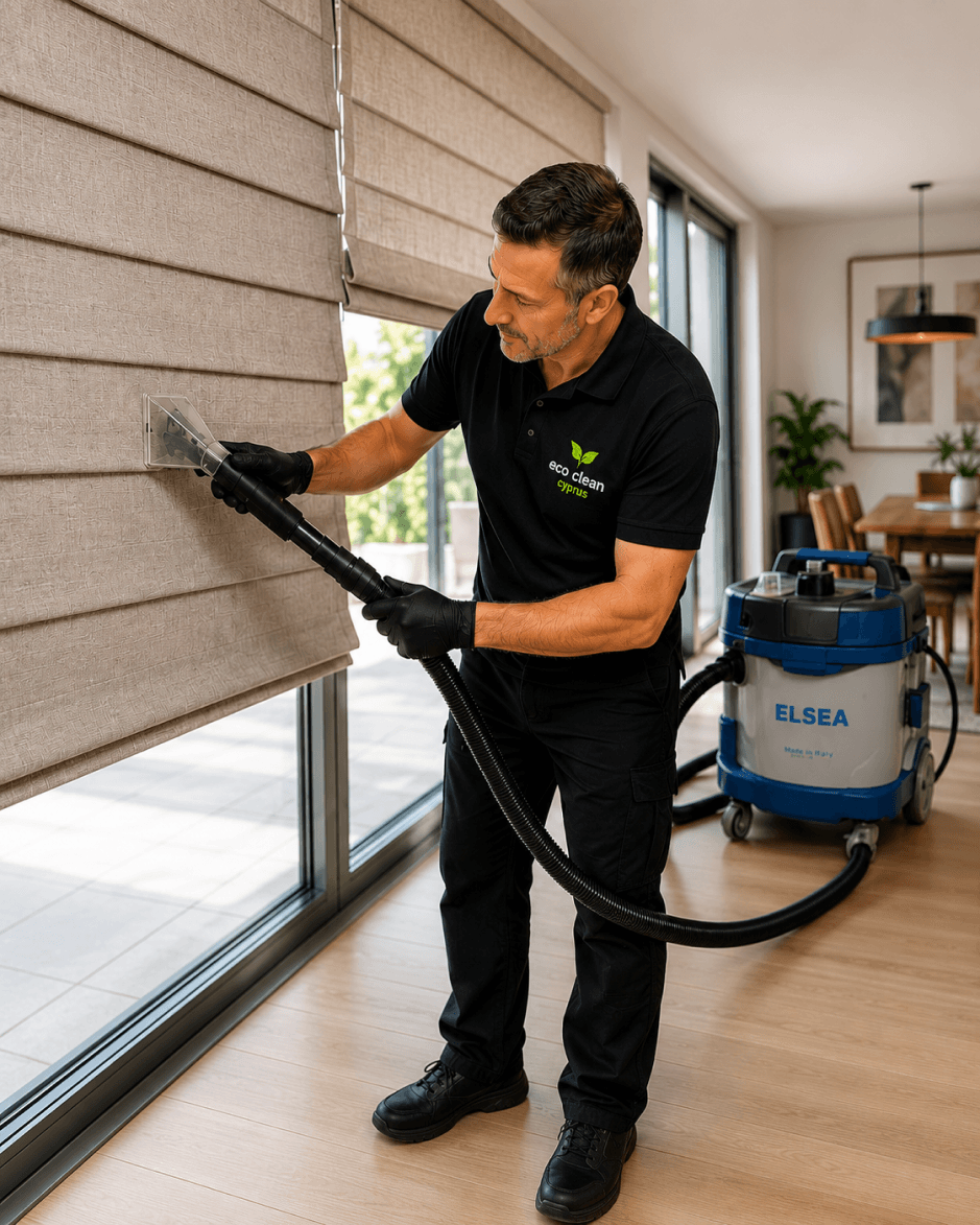 Professional curtain and blind cleaning service removing dust and allergens while hanging in Cyprus